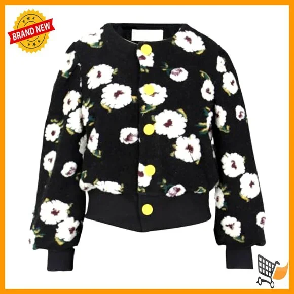 Cropped Fleece Bomber Jacket with Puff Sleeves Floral Print Button Down - Picture 6 of 7